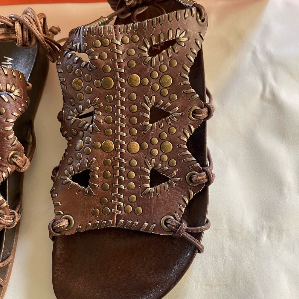 Miz Mooz Brown Studded Cutout Leather Sandals with Lacing - Picture 2 of 8
